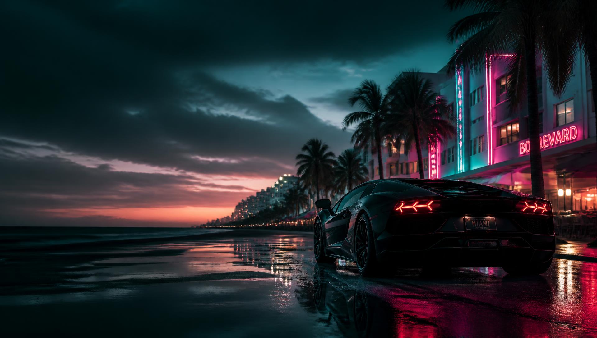Black sports car on a neon-lit Miami Beach street at dusk